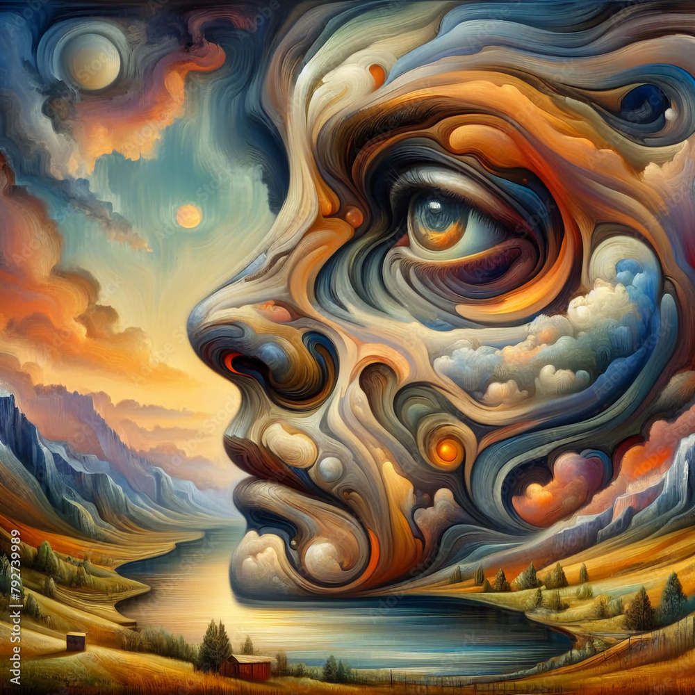 Colorful portrait and spiral design composition on subject of human mind, psychology, inner world, creativity.	
