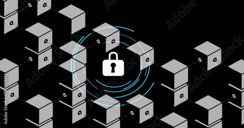 Image of padlock icon over boxes with connections on black background