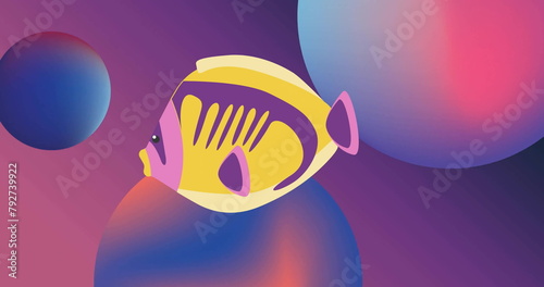 Image of tropical fish over blue and pink spheres on purple background