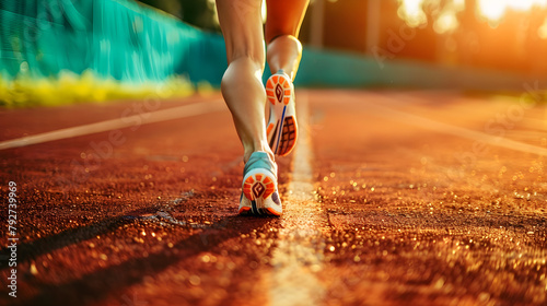 woman running on an athletics track photo
