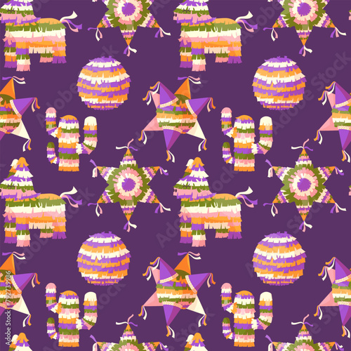  Pinatas seamless pattern on purple background