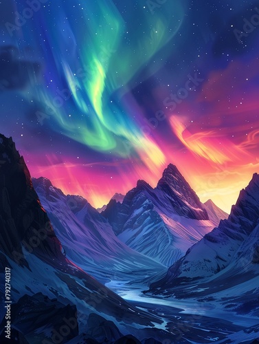 Northern Lights Magic A cartoonstyle illustration of the aurora borealis painting the night sky with vibrant colors above the mountains The magical display adds a sense of wonder to the scene 8K , hi
