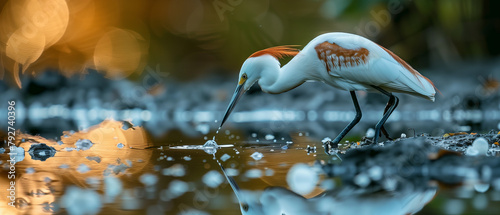 bird looking for fish in the water puddle