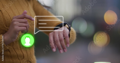 Image of neon profile and message icon over mid section of a woman using smartwatch