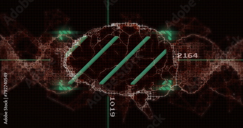 Image of scientific data processing, dna strand and human brain over dark background
