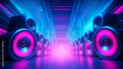 A group of speakers are seated in close proximity to one another, each emitting vibrant neon lights in shades of blue and pink. Wallpaper. Copy space. photo