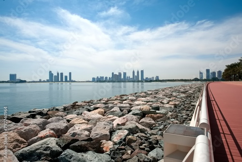 Dubai Skyline from Palm Jumeirah the view of Burj Al Arab and Dubai Downtown in the day