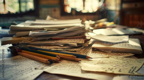 Defocused image of a cluttered desk covered in scribbled notes halffinished mcripts and wellworn pencils hints at the untold stories and unfinished narratives waiting to be discovered. . photo