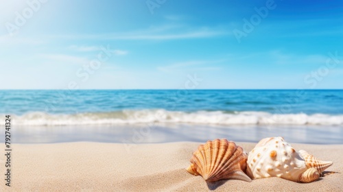 Beautiful beach with starfish and shells on white sand, blurred blue sea in the background. summer vacation concept. © inthasone