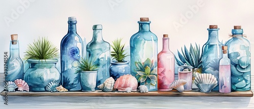 Shelf Arrangement An artistic depiction of a shelf displaying a variety of items, including liquidfilled bottles, potted plants, and seashells, as well as drinkware like plastic and glass bottles, som photo