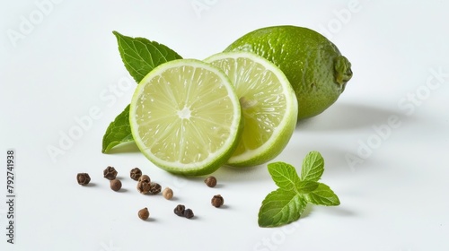 There is a picture of a lime, two lime slices, lemon balm leaves, and pepper placed on a white © Emil