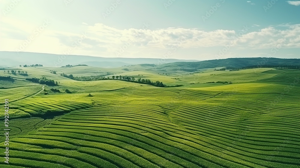 Fototapeta premium Aerial view of a wide and beautiful green agricultural field.