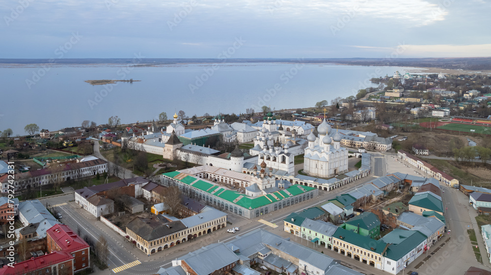 Aerial view of architectural complex of Rostov Kremlin located on board of Lake Nero in Russian city of Rostov. The Golden Ring.