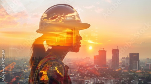 Double exposure of young construction worker woman with safety helmet and modern cityscape view on background. Construction industry concept.