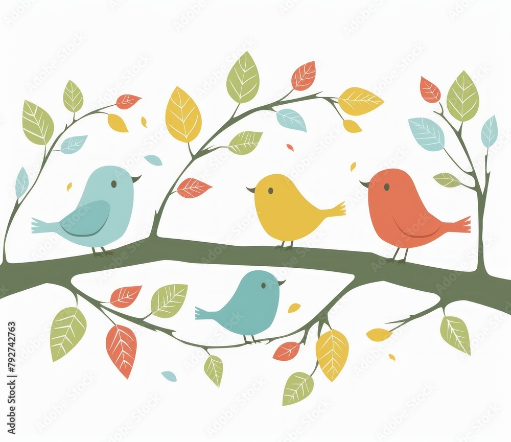Joyful Birds Chatter on a Branch with Autumn Leaves Drifting - Generative AI
