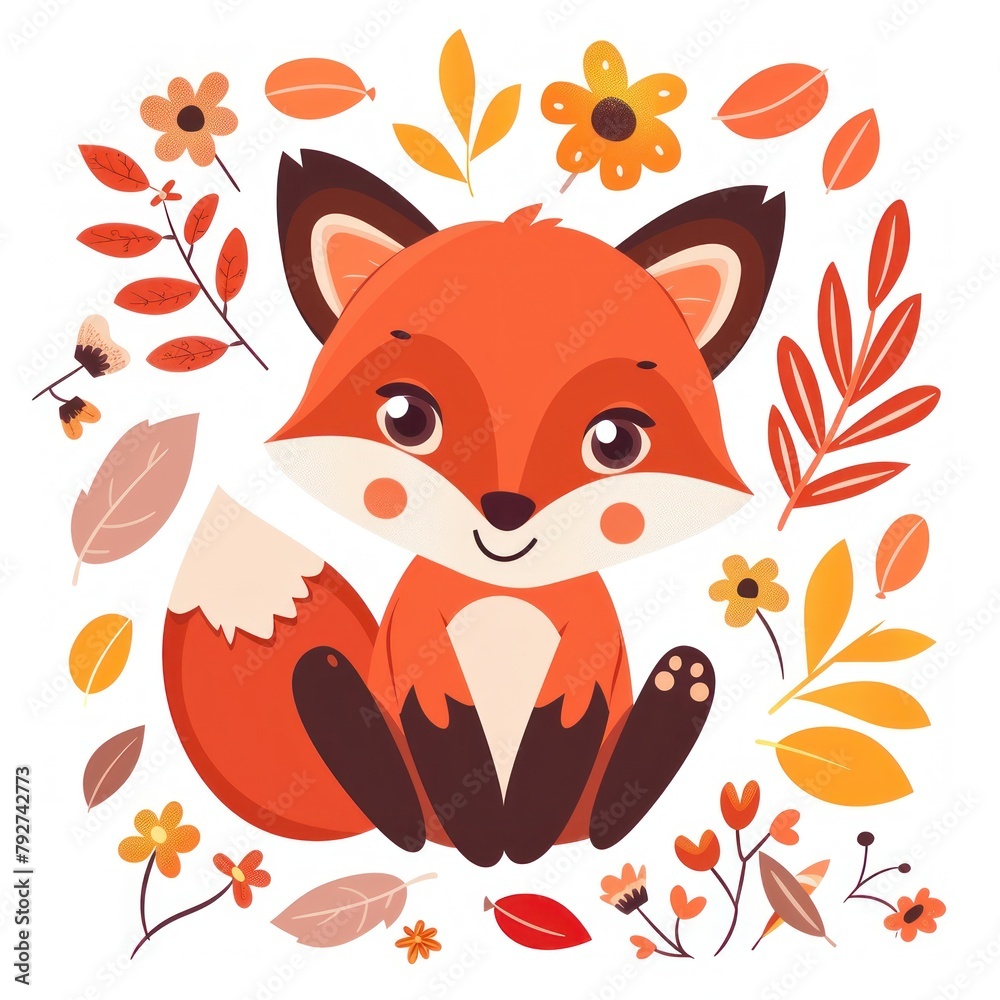 Fototapeta premium Adorable Autumn Fox Surrounded by Colorful Fall Foliage - Generative AI