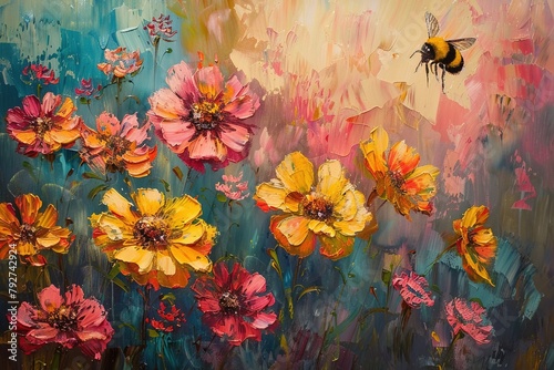 Ethereal Elegance  Flowers in Oil Paint  Red and Yellow Hues  Golden Meadow  Fields of Yellow Flowers