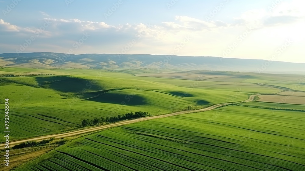 Aerial view of a wide and beautiful green agricultural field.