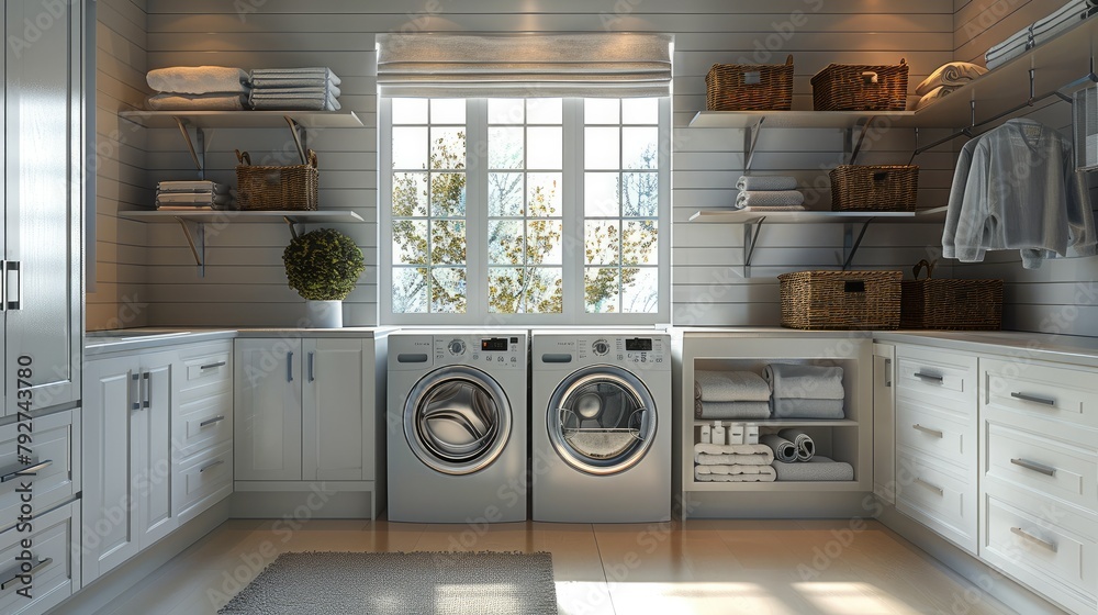 A front view, home full laundry, with shelves, and cabinets, inside wall, with door hinge, washer and dryer one over the other. Generative AI.