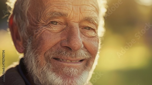 Happy elderly man with a beard and wrinkles, smiling for the camera