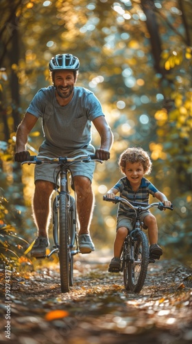 Father Teaching Son Cycling in the Park