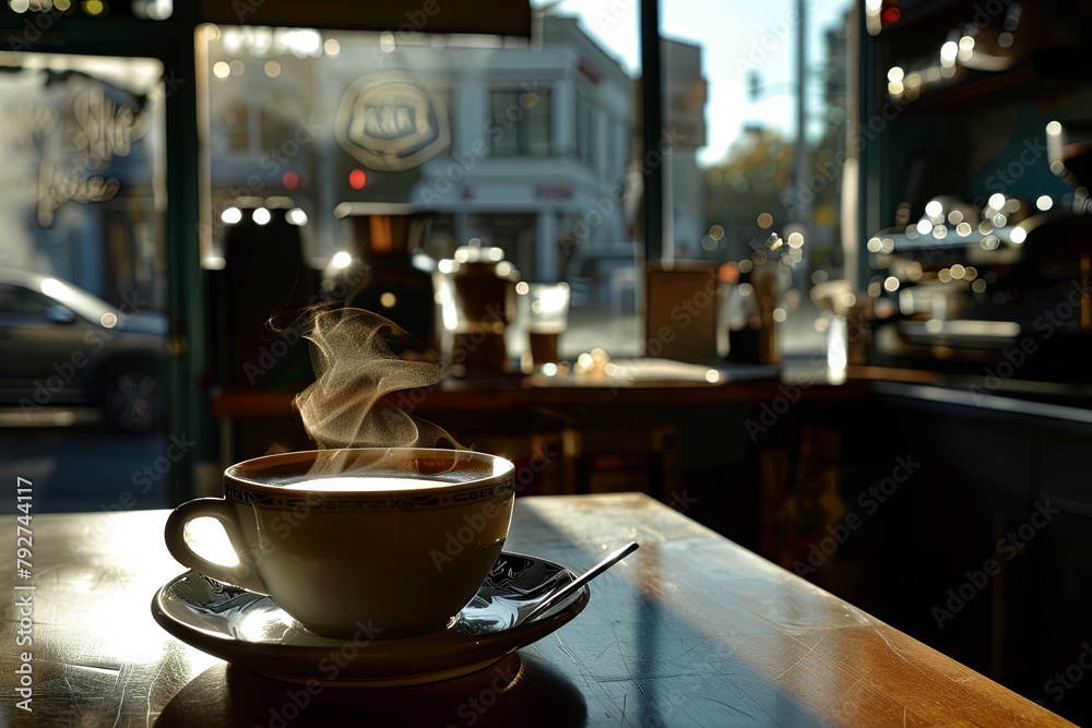 A cozy cafe scene featuring a steaming cup of coffee A cozy cafe scene featuring a steaming cup of coffee