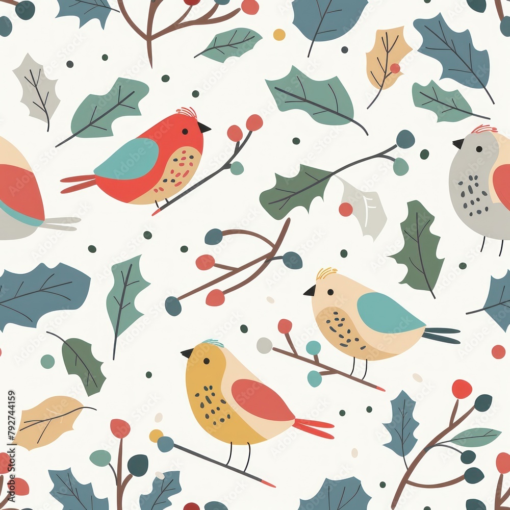 Winter Whimsy: Birds & Holly in Festive Seamless Pattern - Generative AI