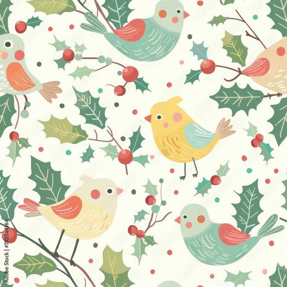 Winter Whimsy: Birds & Holly in Festive Seamless Pattern - Generative AI Winter Whimsy: Birds & Holly in Festive Seamless Pattern - Generative AI