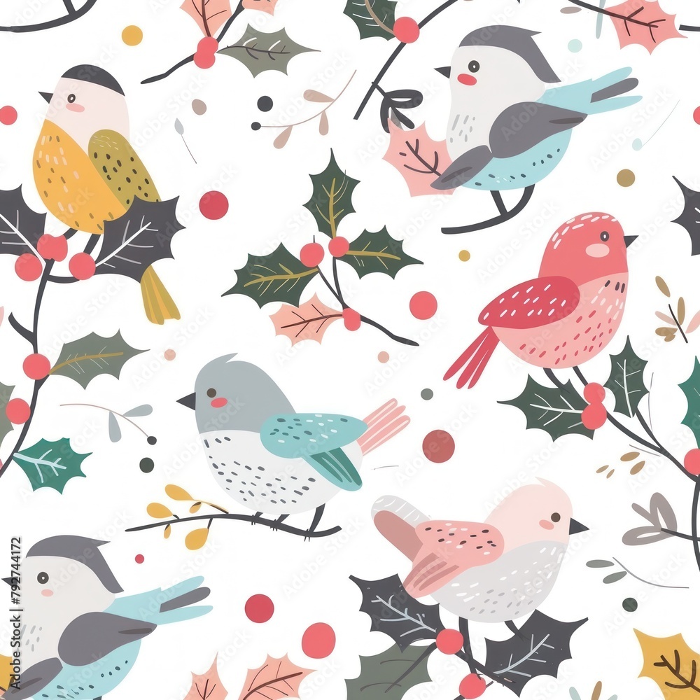 Winter Whimsy: Birds & Holly in Festive Seamless Pattern - Generative AI Winter Whimsy: Birds & Holly in Festive Seamless Pattern - Generative AI