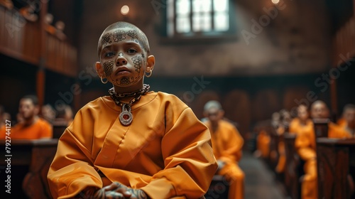 A tattooed child chained in a courtroom wearing orange clothes, audience in the background. Generative AI.