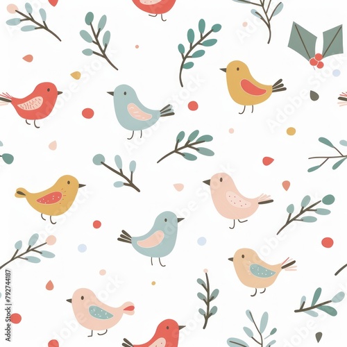 Winter Whimsy: Birds & Holly in Festive Seamless Pattern - Generative AI