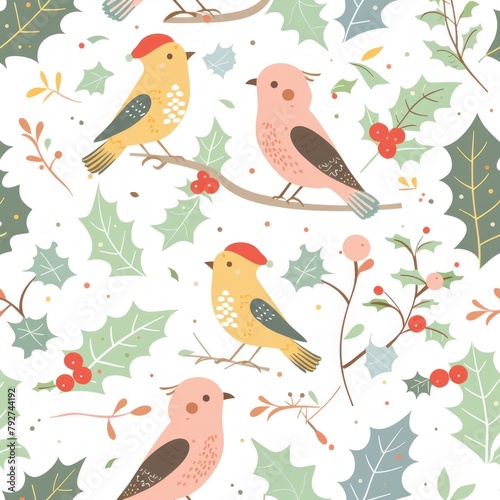 Winter Whimsy  Birds   Holly in Festive Seamless Pattern - Generative AI