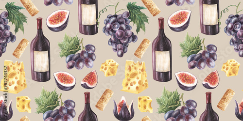 Watercolor bottles and glasses of red wine decorated with cheese, blue grapes, figs, black olives, star anise and cork. Hand painted seamless pattern photo