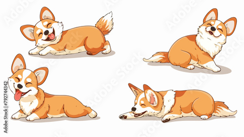 Kawaii playful Corgi dogs in Four poses. Hand drawn c © Aliha