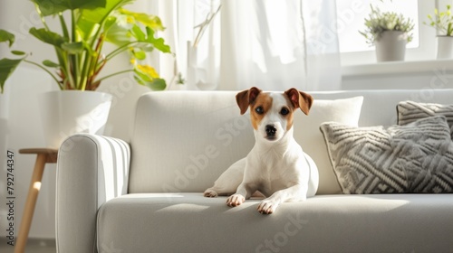 Cute dog lies on a comfortable sofa in a modern bright living room  © Tatiana