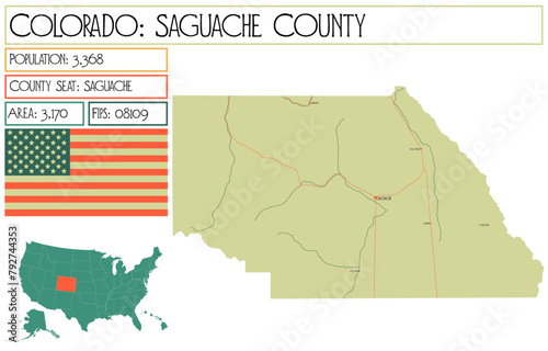 Large and detailed map of Saguache County in Colorado USA.