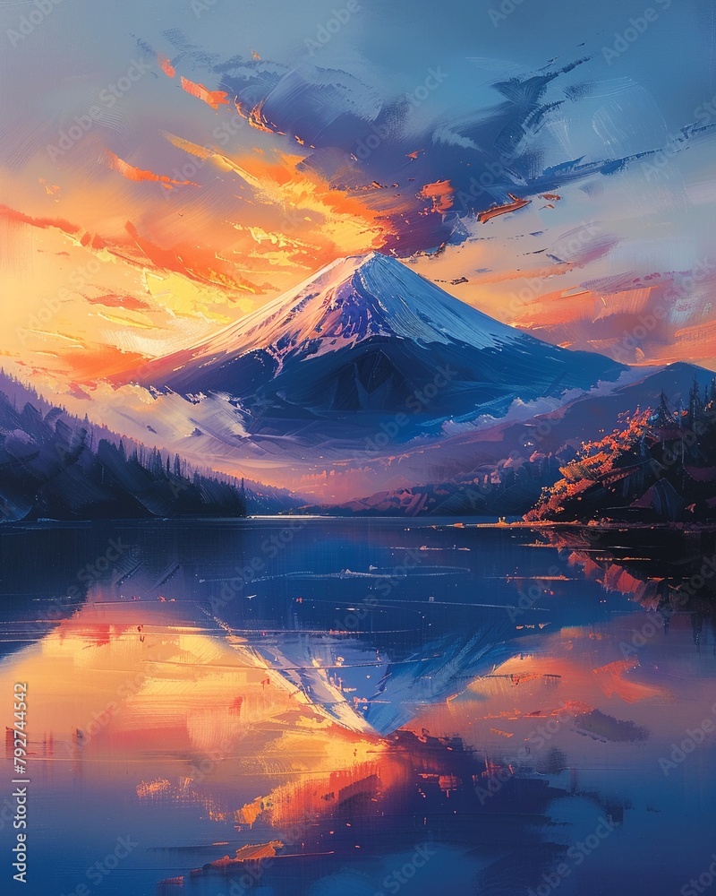 Mt Fuji bathed in the first golden rays of dawn Pink and orange clouds swirl around the peak, while the foothills are shrouded in a soft blue mist 