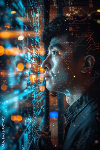 ai artificial intelligence business man using ai technology for data analysis, coding computer language with digital brain, machine learning on virtual screen, business intelligence