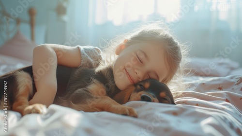 A little girl tenderly hugs her puppy and lies on the bed in a bright bedroom in the morning. Friendship concept between child and pet, copy space for text
 photo