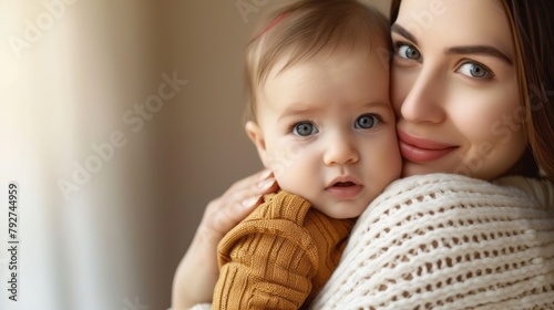 Young beautiful mother hugs her child. Mother's day, parenting, family concept 