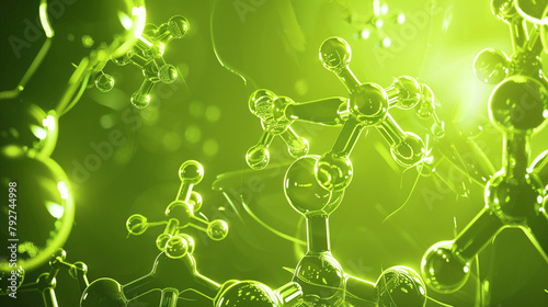 A canvas of electric lime green showcases a series of platinum molecular constructs. Each construct is highlighted with a radiant glow, s photo