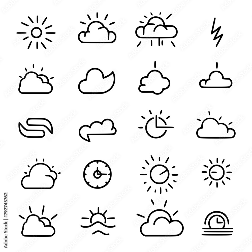 Obraz premium weather icons, sun icon, cloud icon, rain icon, storm icon, moon icon, snow icon, wind icon, temperature icon, cloudy icon, weather, icon, sun, vector, set, cloud, rain, symbol, illustration, storm, m