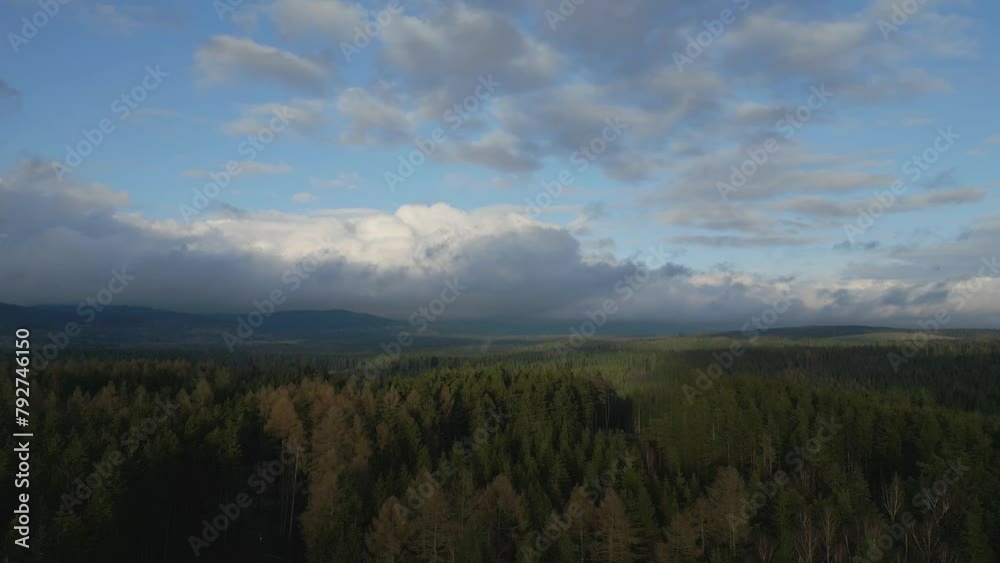 Aerial shot of a quiet forest landscape under partly cloudy sky Aerial shot of a quiet forest landscape under partly cloudy sky