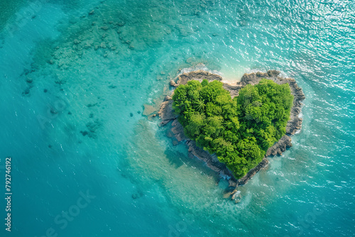 An aerial view of a heart-shaped tropical island, epitomizing vacation, relaxation, and nature
