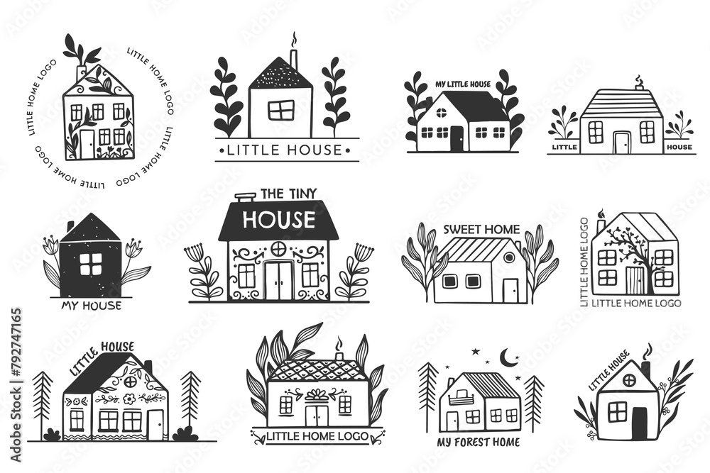 Collection of the hand drawn home, house logos, icons. Cottage vintage style with plants, tiny hand drawn houses. Village buildings, architecture nature elements. Collection of the hand drawn home, house logos, icons. Cottage vintage style with plants, tiny hand drawn houses. Village buildings, architecture nature elements.