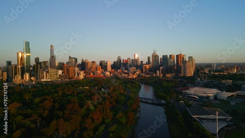 Aerial drone view of the Yarra River and Birrarung Marr in Melbourne, Victoria, Australia. photo