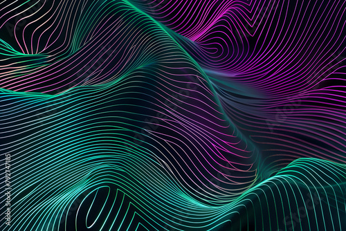 Neon lines dancing in a hypnotic pattern of green and purple. Abstract art on black background.
