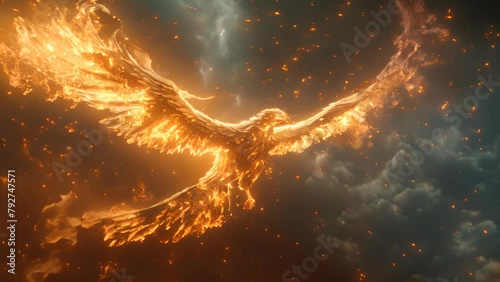 A phoenix with its wings spread out, surrounded by fire and smoke. Concept of danger and chaos, as the bird is in the midst of a fiery storm. The flames and smoke create a sense of urgency photo
