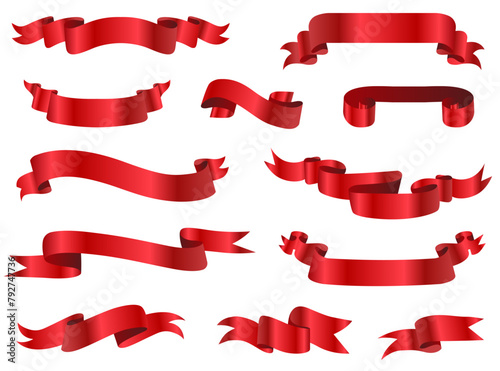 Red ribbons, realistic glossy red tape banner elements. Red Bow With Ribbons Set. Vector illustration EPS10