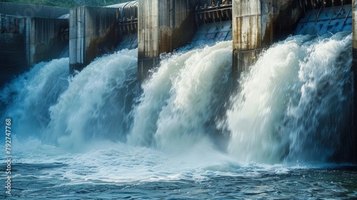 Closeup of a small hydroelectric dam with water cascading down and turning a turbine to produce clean energy. .